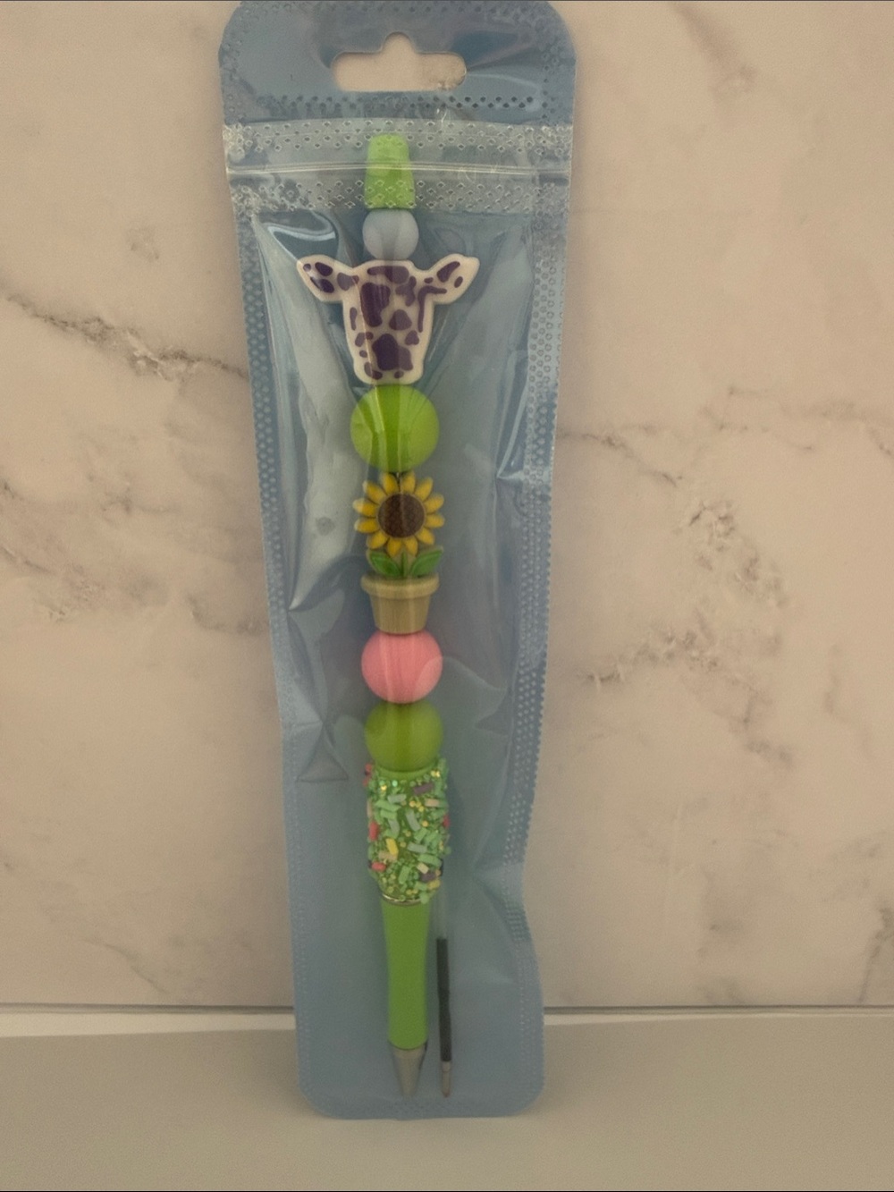 Green Giraffe & Sunflower Beaded Pen COMES WITH INK REFILL